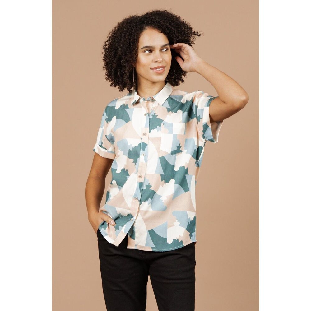 Bridge & Burn The bea Shirt Top Short Sleeve Buttondown Printed S NEW 283261